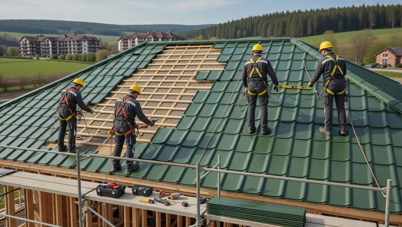 Roofing crew working on residential home